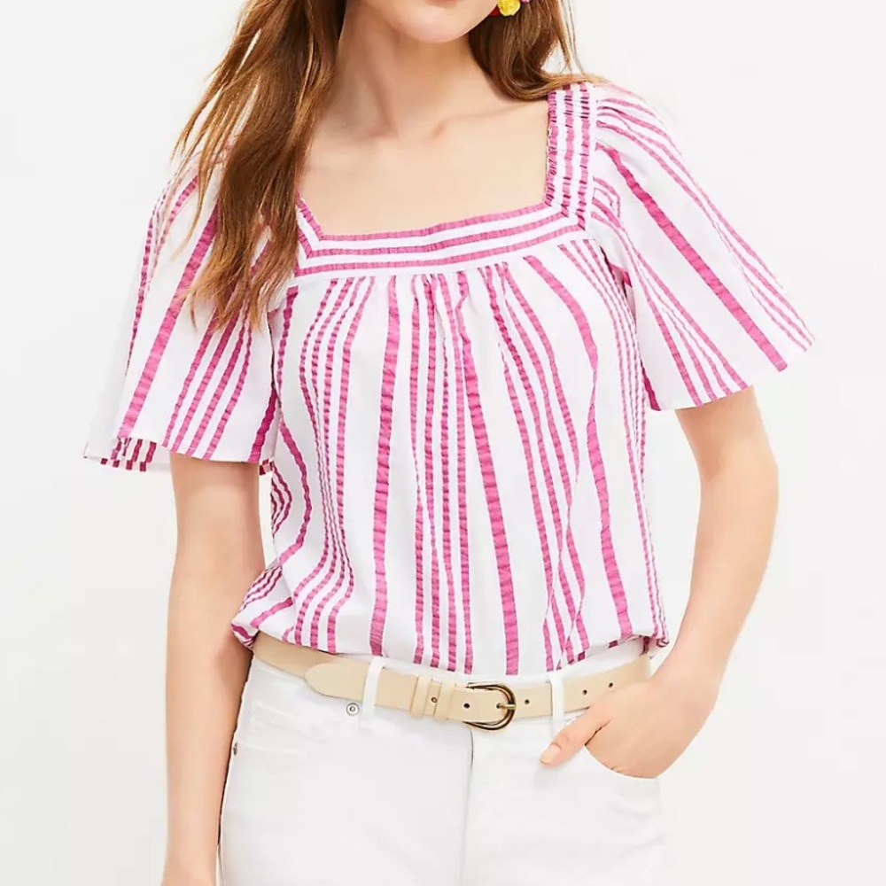 LOFT Elegant Blouse in Soft Pink & White Stripes